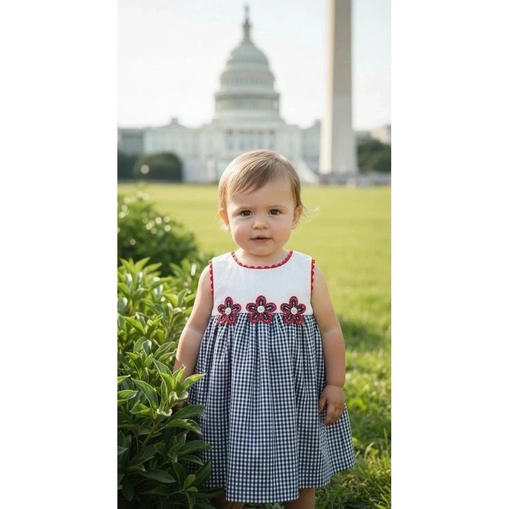New Bonnie Baby Blue Size 12 Month 12M White Searsucker Embroidered Summer Dress